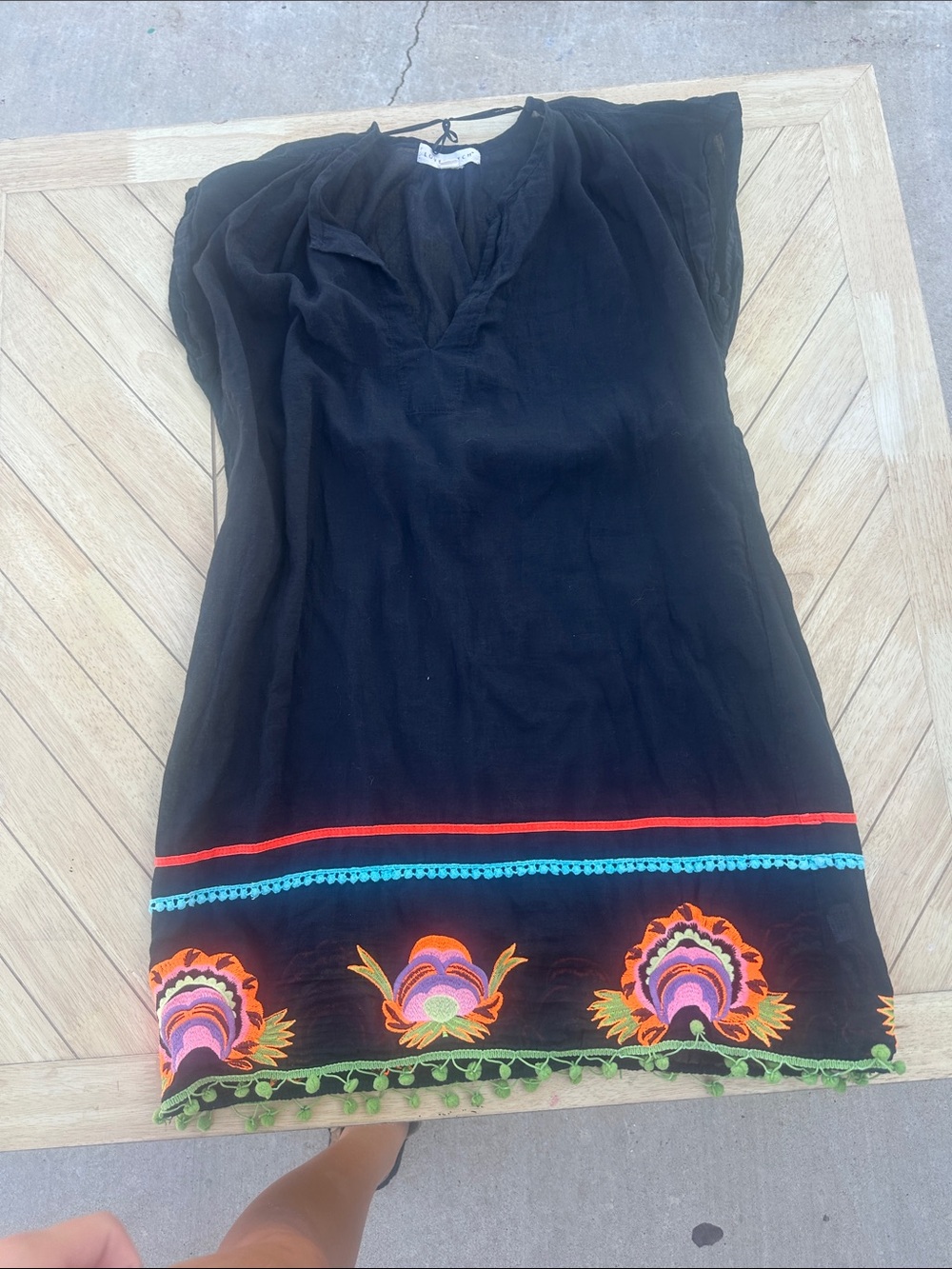 Love Stitch Black Swim Coverup with Multicolor Embroidered Hem